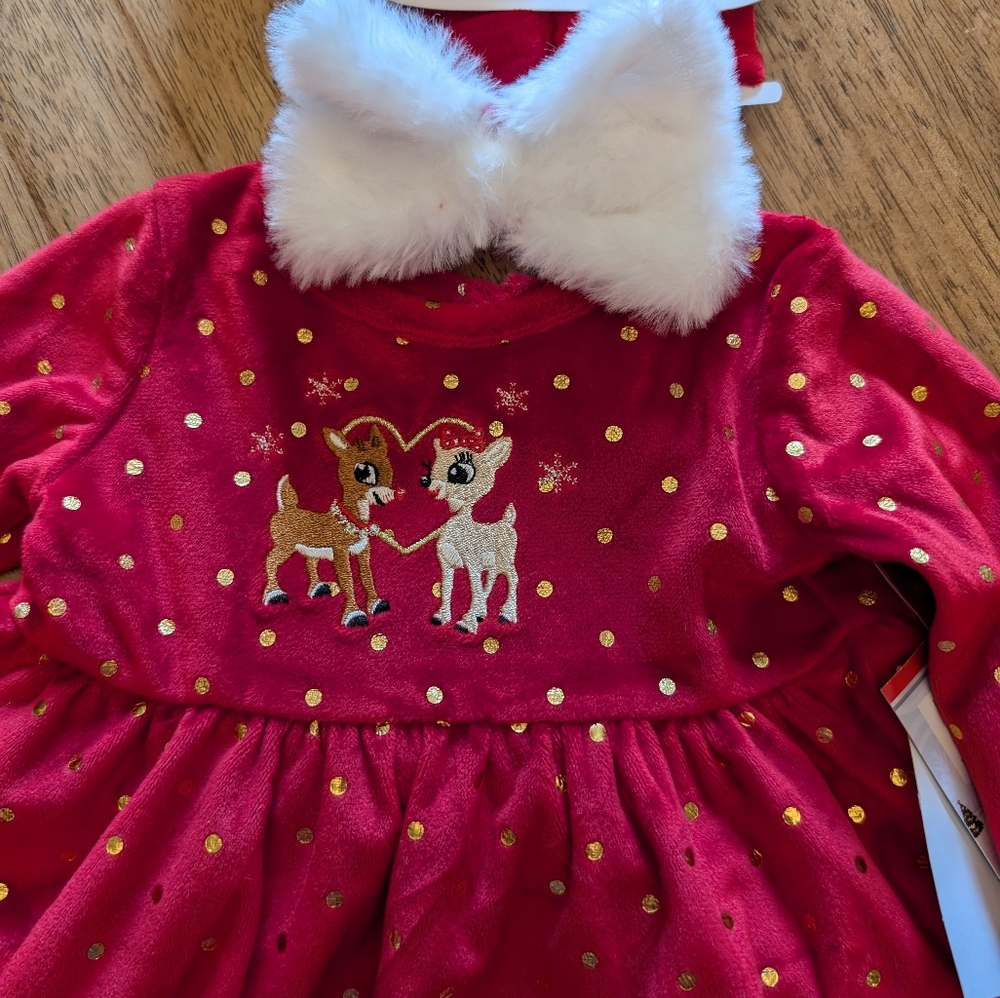 NWT! Baby Girl's Rudolph The Red Nosed Reindeer Soft Velour Christmas Dress Set - Picture 11 of 11